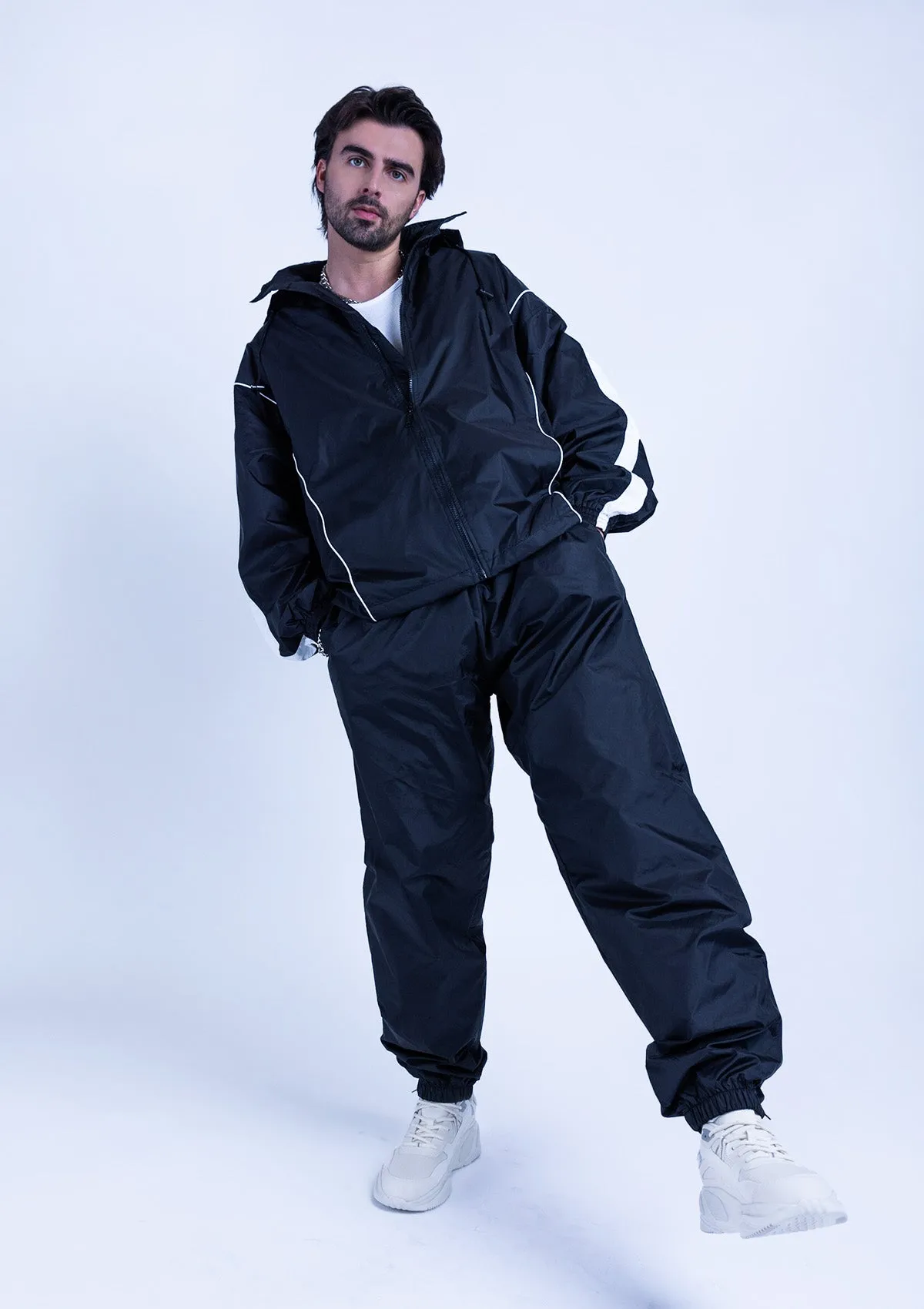 2600S Unisex Full Zipper Taffeta Nylon Tracksuit Jacket and Sweatpants Set with White Piping - Black