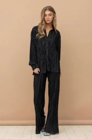 Accordion Mini Pleat Covered Button Up Blouse Long Pant Set