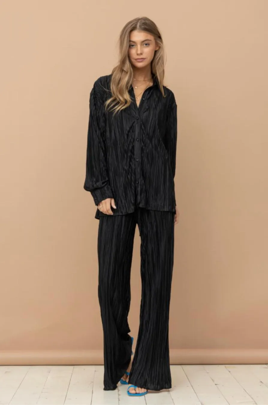 Accordion Mini Pleat Covered Button Up Blouse Long Pant Set