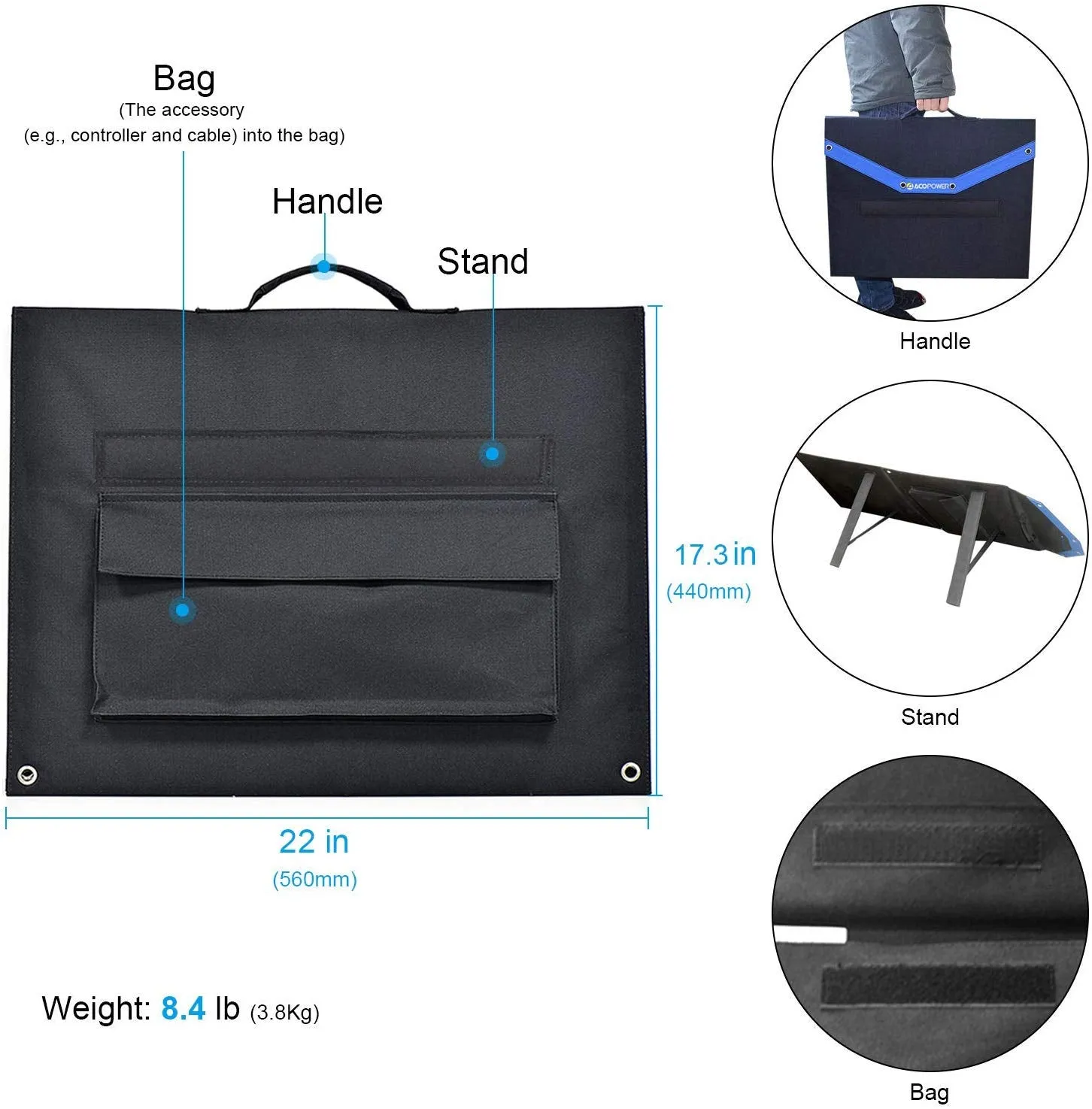 ACOPower 120W Portable Solar Panel Foldable Suitcase With Integrated Output Box