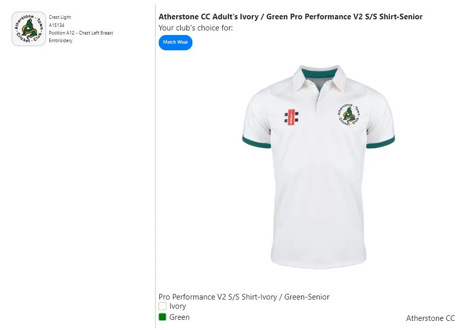 Atherstone CC Adult's Ivory / Green Pro Performance V2 S/S Shirt-Senior