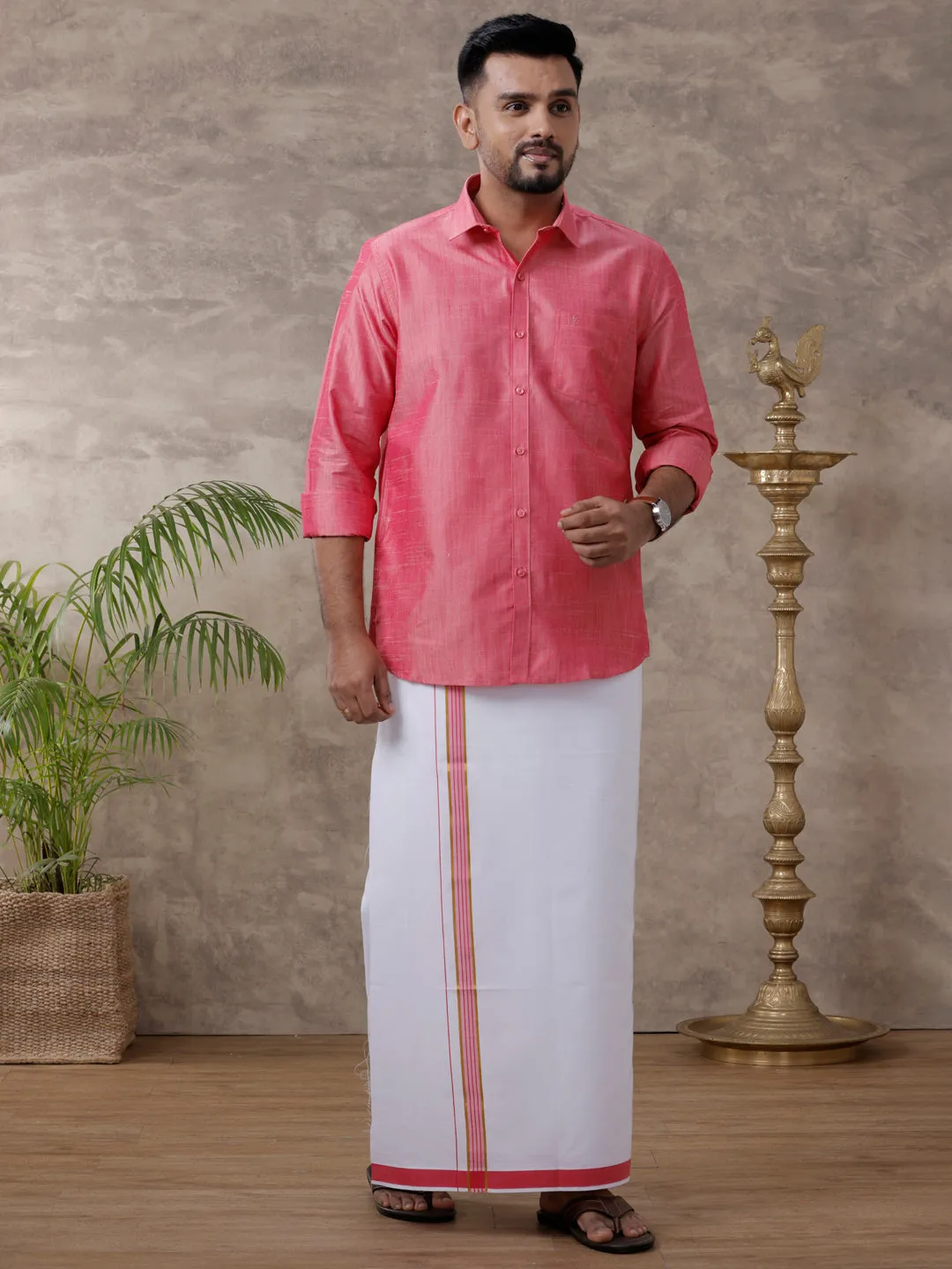 Couple Combo Full Sleeves Shirt Dhoti VB3 & Saree Set Pink SCS92