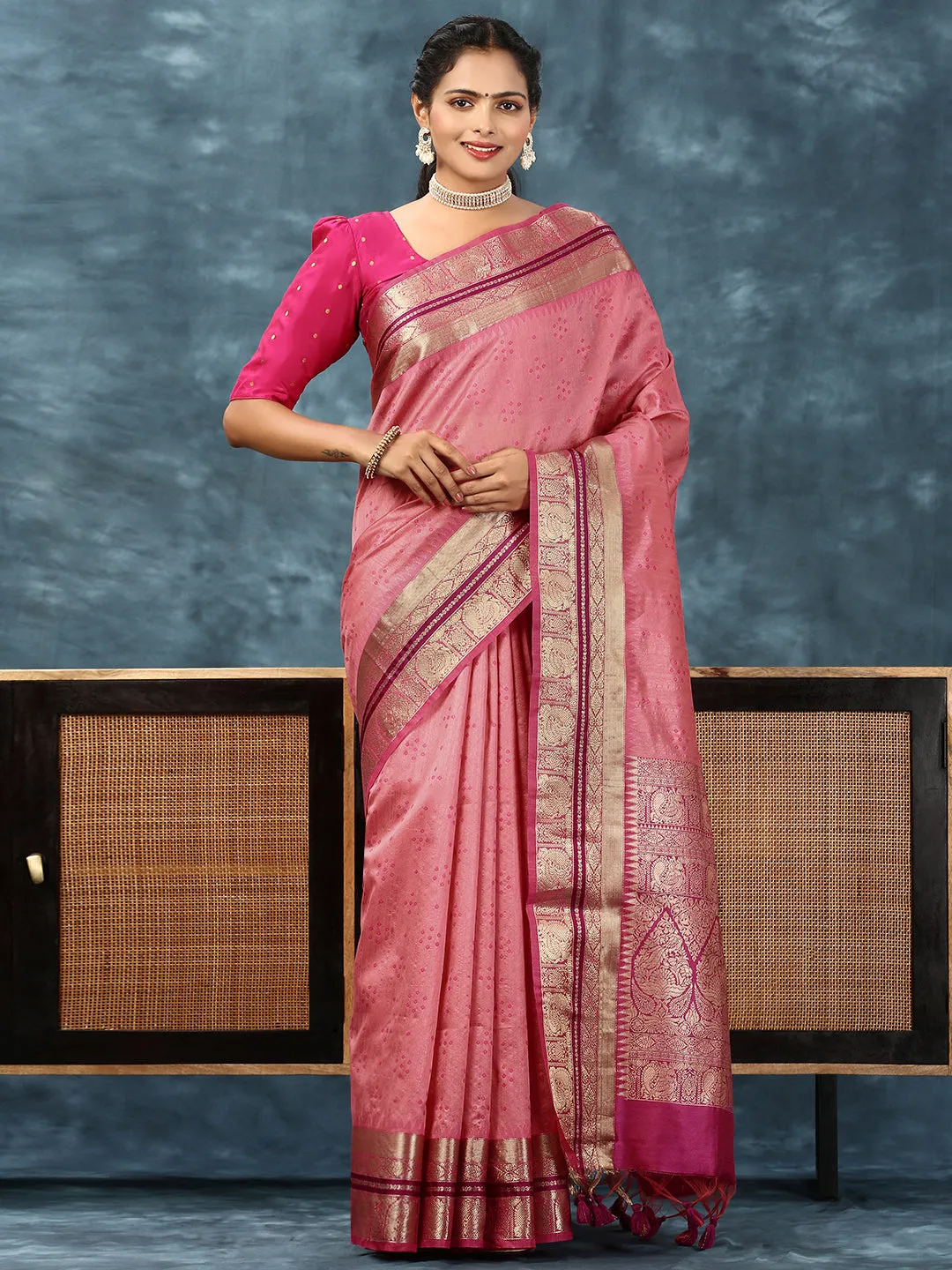 Couple Combo Full Sleeves Shirt Dhoti VB3 & Saree Set Pink SCS92