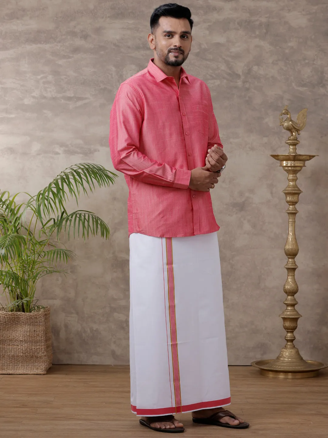 Couple Combo Full Sleeves Shirt Dhoti VB3 & Saree Set Pink SCS92