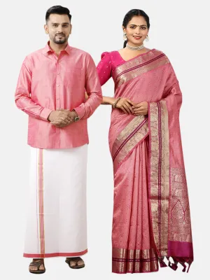 Couple Combo Full Sleeves Shirt Dhoti VB3 & Saree Set Pink SCS92