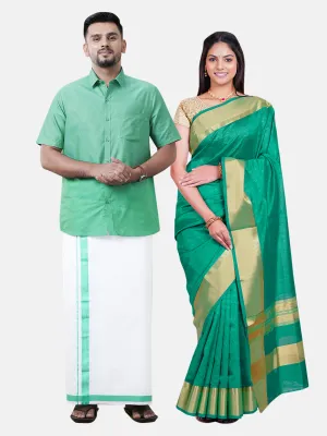 Couple Combo Half Sleeves Shirt Dhoti & Saree Set Green SRS44