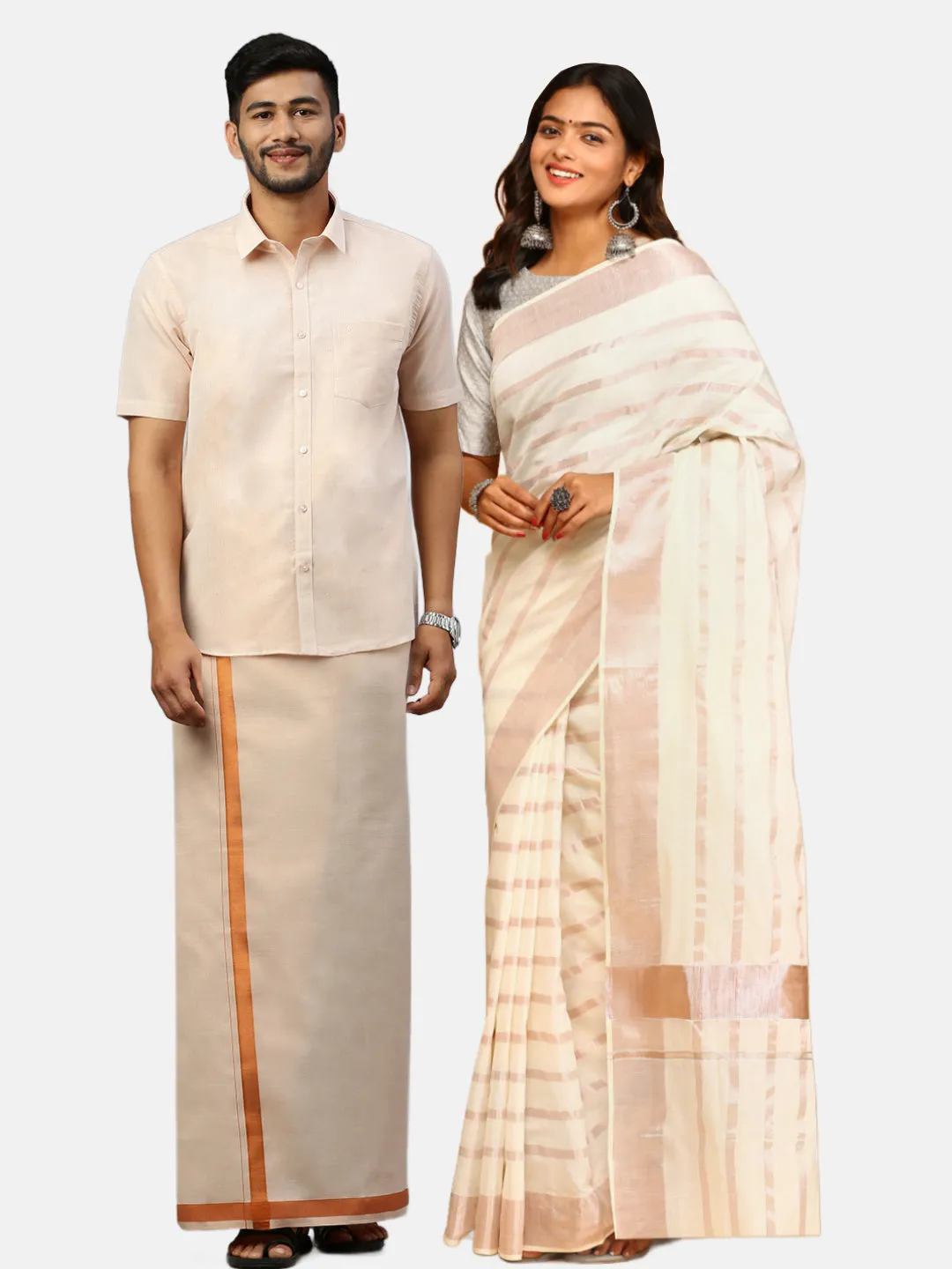 Couple Combo Half Sleeves Shirt Dhoti & Saree Set Tissue Copper KS119