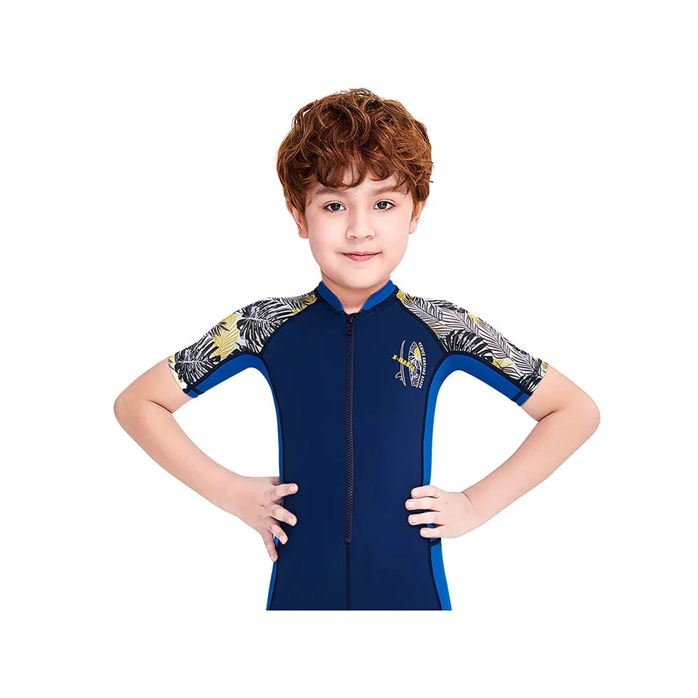 Half Sleeves Kids Swimwear Blue & Navy Blue Palm Leaves Printed Sleeves, Knee Length with UPF 50 