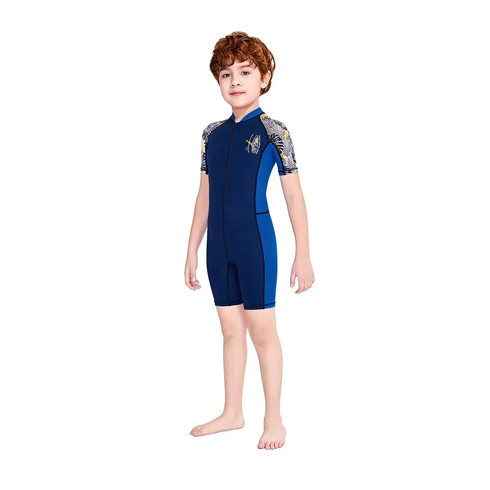 Half Sleeves Kids Swimwear Blue & Navy Blue Palm Leaves Printed Sleeves, Knee Length with UPF 50 