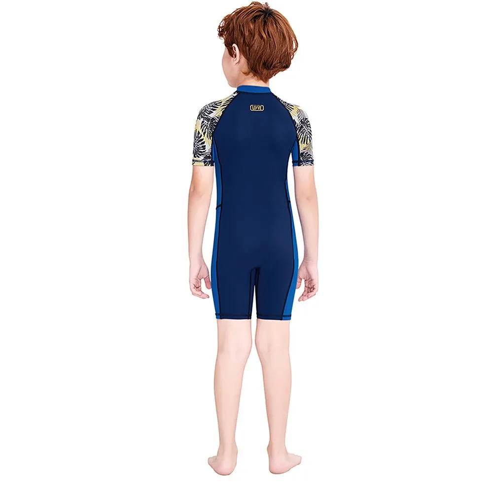 Half Sleeves Kids Swimwear Blue & Navy Blue Palm Leaves Printed Sleeves, Knee Length with UPF 50 