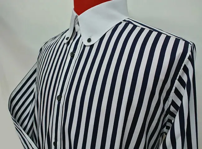 Penny Collar Shirt - Dark Navy Blue and White Striped Shirt