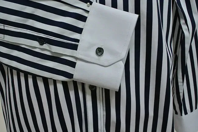 Penny Collar Shirt - Dark Navy Blue and White Striped Shirt