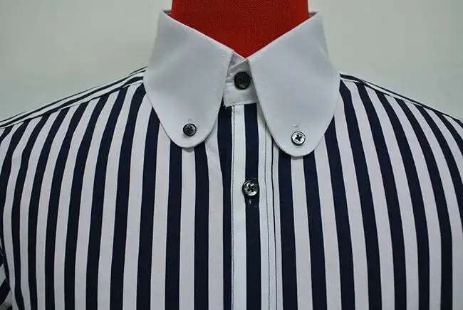 Penny Collar Shirt - Dark Navy Blue and White Striped Shirt