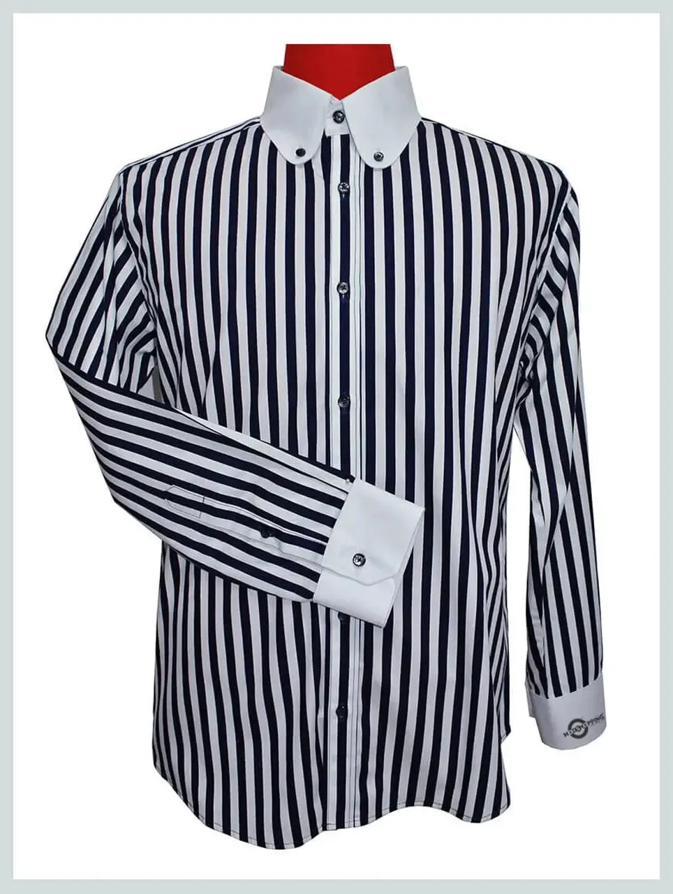 Penny Collar Shirt - Dark Navy Blue and White Striped Shirt